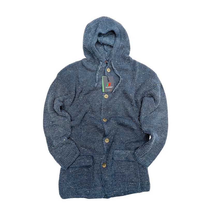 Maglione/Giacca  Semi-lungo Maxfort con bottoni e cappuccio blu.